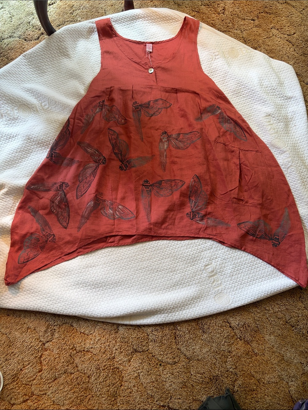 Blue Fish Rust Red Sleeveless Tunic with Moth Print